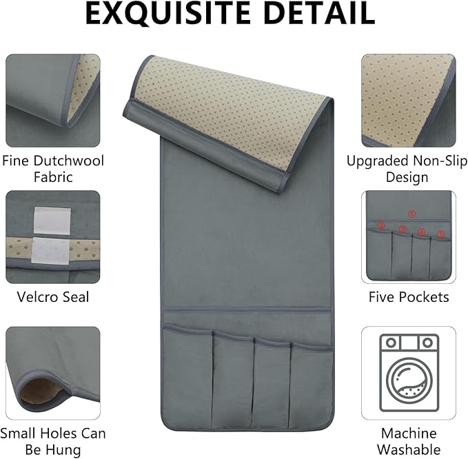 WETRBWEH TV Remote Control Holder Couch Caddy, Non-slip Bedside Caddy Organizer with 5 Pockets for Key Glasses Phone Magazine Holders (Gray, 35"x12.4")