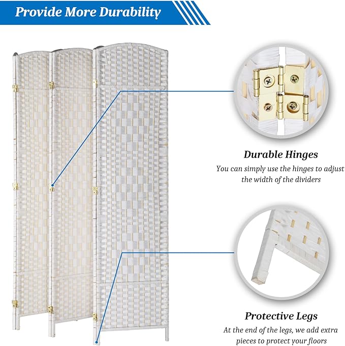 VINGLI 6-Panels Tall Rattan Room Divider, 6 FT Folding Privacy Screen, Indoor Partition Wall Dividers, Freestanding Hinged Space Separator (White)