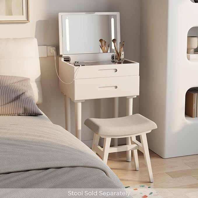 Solid Wood Small Vanity Desk with Mirror and Lights, Narrow Makeup Vanity for Small Space, Flip Top Vanity Side Table, 3 Color Modes & Adjustable Brightness, 19.6" Slim Dressing Table, White