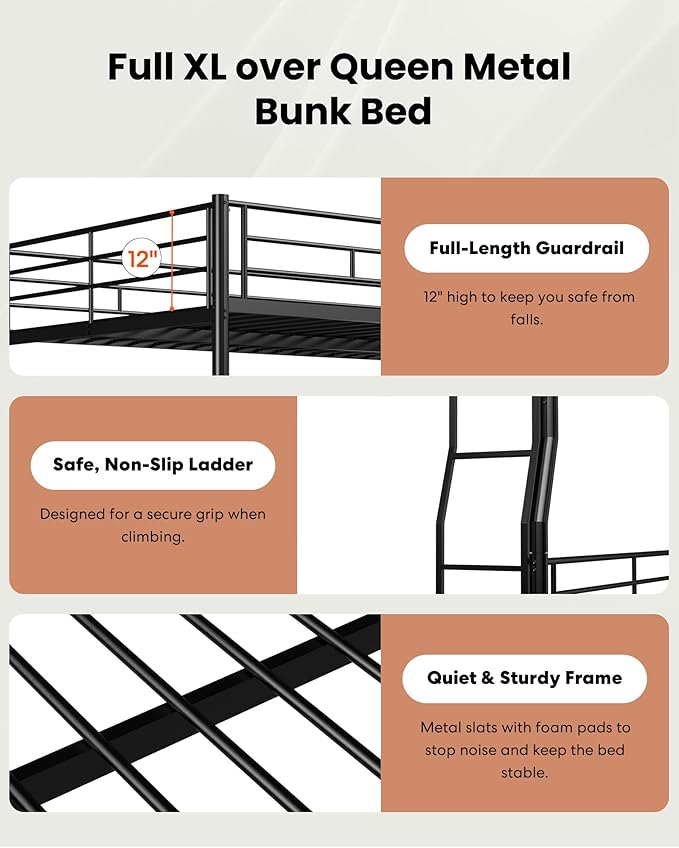Full XL Over Queen Bunk Bed with Trundle, Heavy-Duty Queen Bunk Bed with with Safety Ladder and Full-Length Guardrail, Convertible to 3 Beds for Teens and Adults, Black