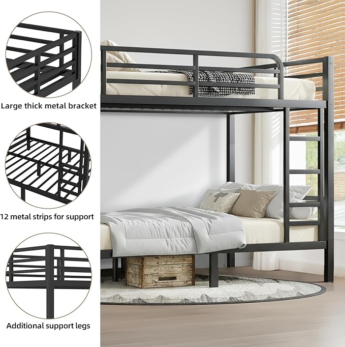 Full Over Full Bunk Bed Frame, Heavy Duty Metal Loft Bed for Adults/Teens, 350/500LB Capacity w/Ladder & Guardrail, Noise-Free Steel Slats, No Box Spring Required, Black