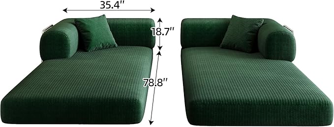 79" Convertible Sofa Bed, Corduroy Folding Pull Out Couch with Pillows, No Assembly Modern Boneless Couch Compression Sofa in Box, Floor Sofa with Support Rods for Living Room,Dark Green