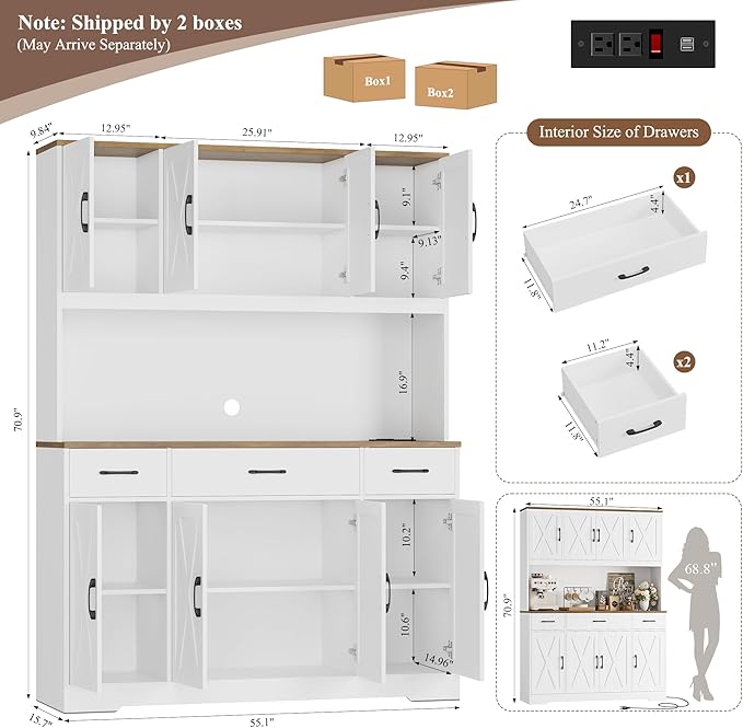 HOSTACK 71" Tall Pantry Cabinet with Charging Station, 55" Wide Kitchen Pantry Storage Cabinet with Countertop, Large Kitchen Hutch with Storage Drawers and Doors for Dining Room, Living Room, White