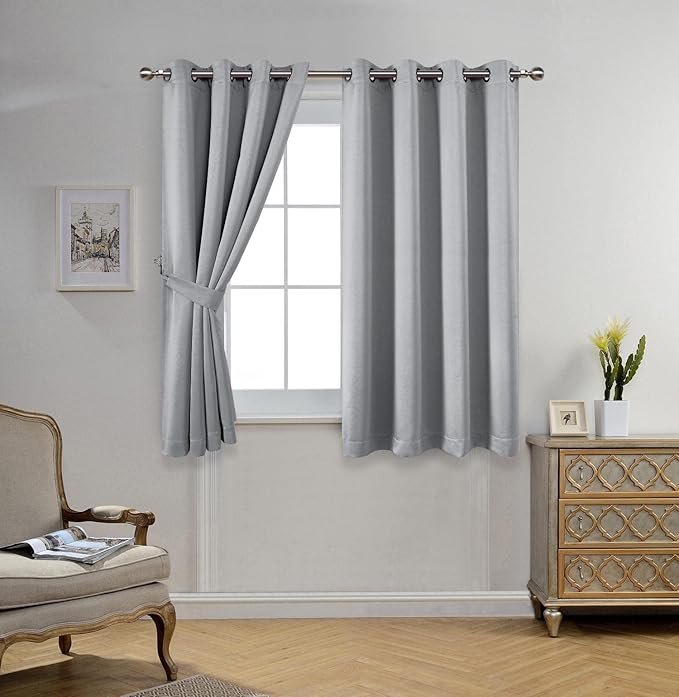 MIUCO Room Darkening Grommet Thermal Insulated Blackout Window Curtains Panels for Gilrs Room Window 1 Pair 52x63 Inch Silver, Bonus 2 Tie Backs Included