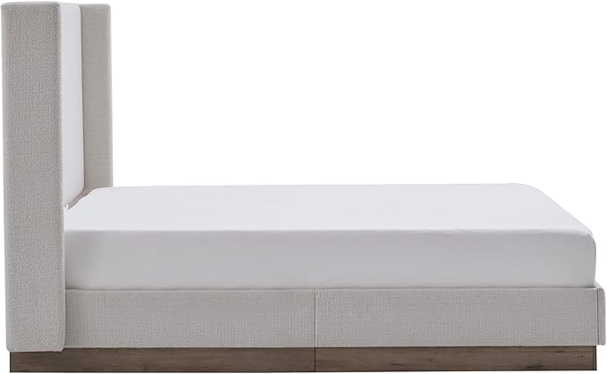 Full Size Upholstered Platform Bed Frame, 52.5" Tall Headboard Hosford Wingback Bedframes, Wood Base Floor Beds, No Box Spring Needed, No Noise, Minimalist, Cream White Boucle