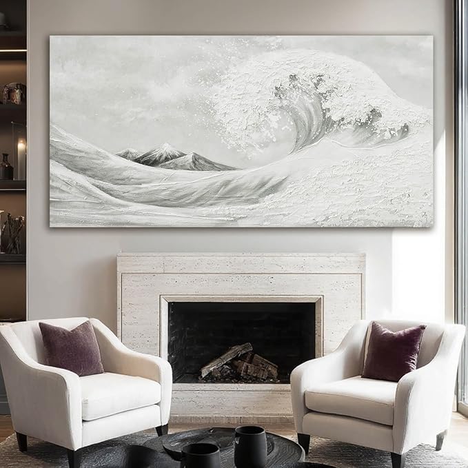 YETHEN WAL Textured Grey Wave Wall Art – Extra Large 3D Coastal Canvas, Neutral Minimalist Seascape for Living Room Bedroom, Hand-Painted Details, 29×58 Inch