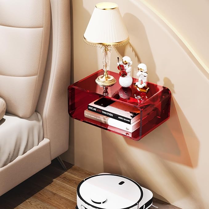 Acrylic Floating Nightstand, Bedside Table, Nightstand Shelf Wall Mounted Bedside Shelf (Red, Small)