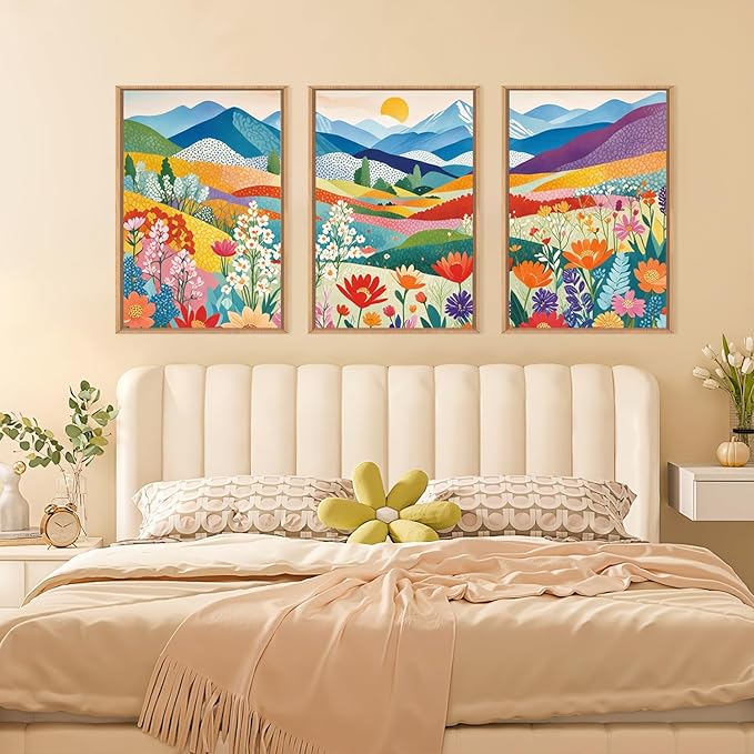 LHIUEM Large Abstract Mountain Flower Framed Canvas Wall Art,Colorful Watercolor Boho Wall Decor,Nature Floral Tree Wall Painting,Bohemian Artwork for Living Room,Bedroom,Dining Room,Office -24"x36"x3
