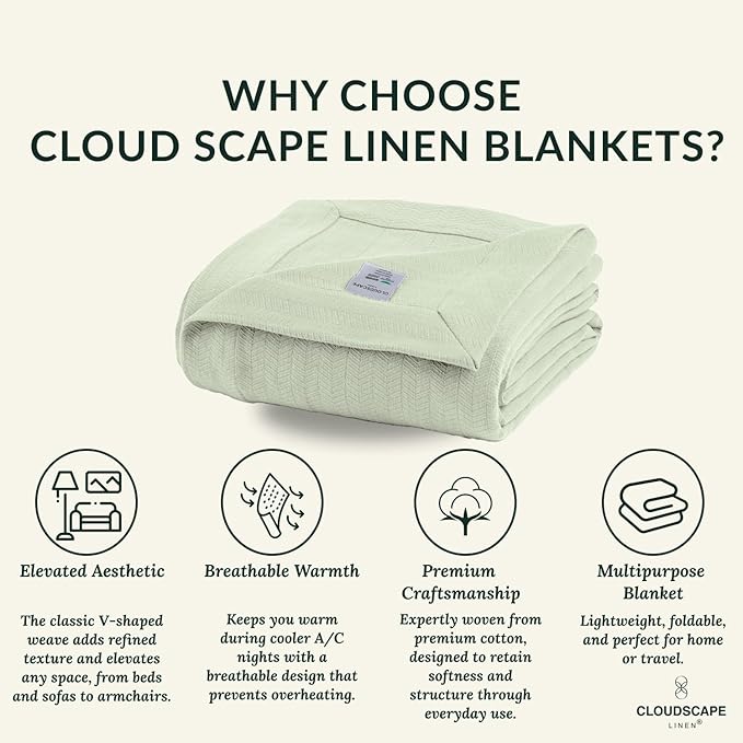 Cloud Scape Linen 100% Cotton Blanket King 92x108 Seafoam - Cozy Herringbone Weave, Fits Up to Cal King Beds, Breathable Softness, All-Season Warmth, Heavy Layering Winter Blanket