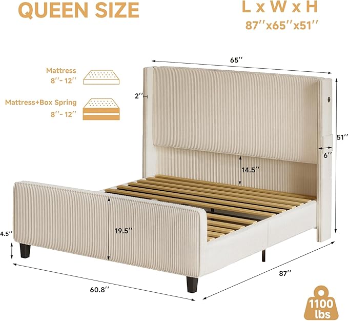 Queen Size Bed Frame with Headboard, Upholstered Platform Bed with Tall Wingback Headboard & Footboard, Corduroy Bed Frames with USB Ports, Easy Assembly, Beige
