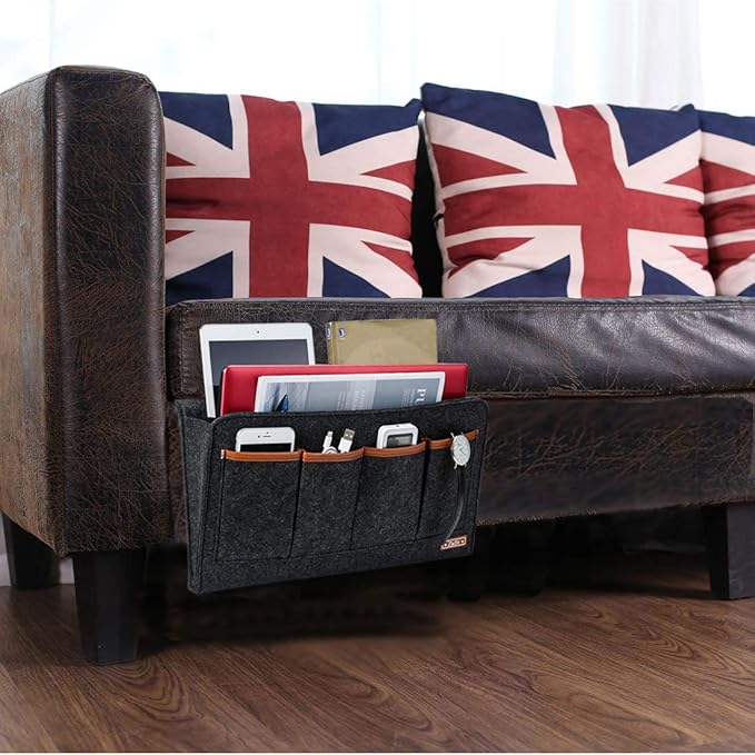 Bedside Caddy, 7 Pockets Large Size Bedside Organizer Caddy for Magazine Remotes Phone (17.3'' x 18.1'', Dark Grey)