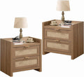 SICOTAS Night Stand Set of 2 - Rattan Nightstands with Type-C Charging Station, 2 Rattan Drawers - Boho Bed Side Tables End Table for Small Space - Natural Oak