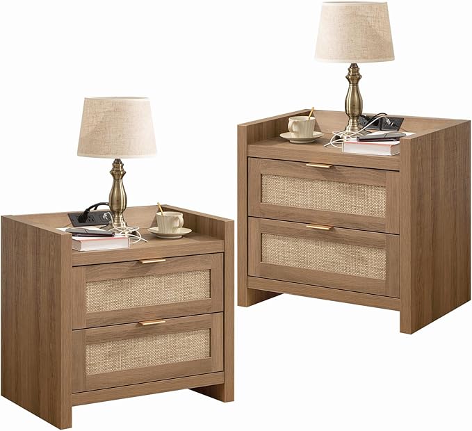 SICOTAS Night Stand Set of 2 - Rattan Nightstands with Type-C Charging Station, 2 Rattan Drawers - Boho Bed Side Tables End Table for Small Space - Natural Oak