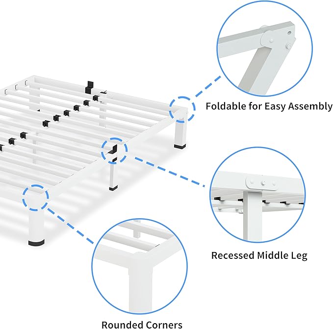 10 Inch White King Size Bed Frame, 3500Lbs Heavy Duty Metal Platform with Round Corner Legs Mattress Slide Stopper, Steel Slat Support No Box Spring Needed, Noise Free, Non-Slip, Easy Assembly