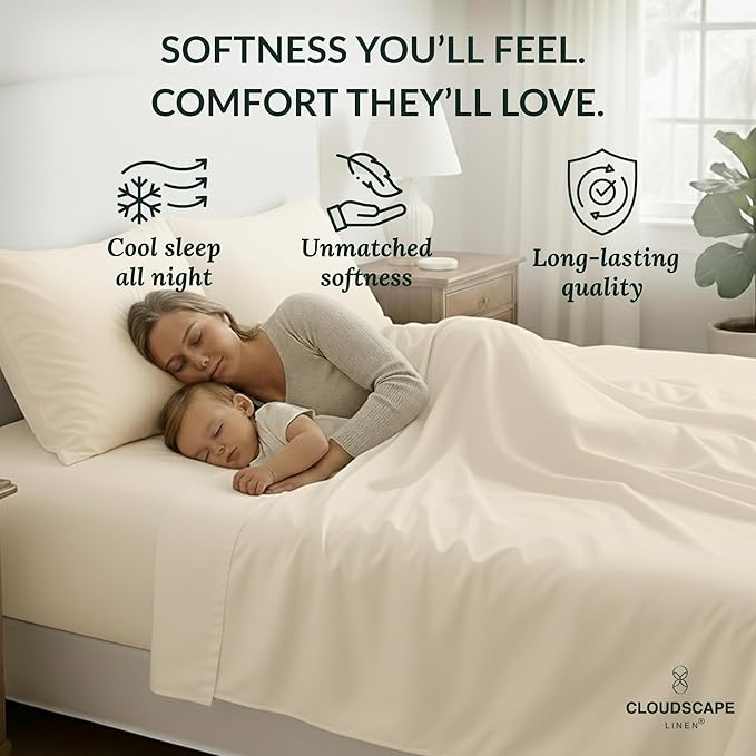 Cloud Scape Linen 100% Egyptian Cotton Sheets for Queen Size Bed, 400 Thread Count, 4 Pieces Bedding Set, Hotel Quality, Silky Soft, Deep Pockets up to 17”, Ivory