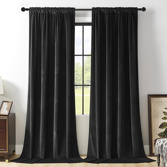 Joydeco Velvet Curtains Extra Wide, Long Luxury Black Blackout Thermal Insulated Rod Pocket Window Curtains, Super Soft Room Darkening Drapes for Living Room Bedroom, W100 x L84 Inch, Black