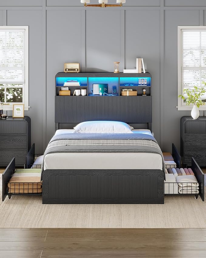 AOGLLATI Twin Bed Frames with 4 Storage Drawers and Hidden Storage Headboard, Black Led Fluted Twin Bed with Charging Station and Curved Profile Design, Noiseless,No Box Spring Needed, Black