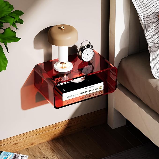 Acrylic Floating Nightstand, Bedside Table, Nightstand Shelf Wall Mounted Bedside Shelf (Red, Small)