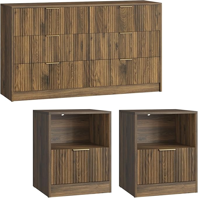 6 Drawer Dresser & Nightstand Set 3-Piece, 55” Wide Bedroom Set Night Stand Set of 2 with Metal Handle, Fluted Modern Wood Chest of Drawers Storage Dressers Set for Bedroom, Walnut