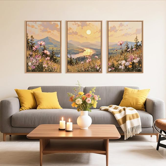 LHIUEM Large Boho Sunset Wildflower Framed Canvas Wall Art,Nature Pink Flower Wall Decor,Blossom Botanical Mountain Landscape Artwork for Living Room,Bedroom,Dining Room,Office -16"x24"x3
