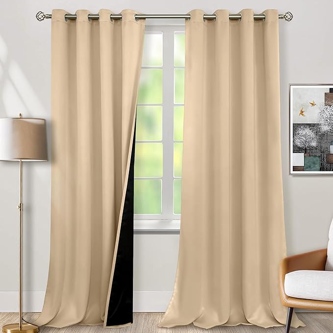 BGment 100% Blackout Curtains 108 Inch Long 2 Panles Set, Thermal Insulated Total Light Locking Soundproof Grommet Curtains & Drapes for Living Room with Black Liner, 52 Inch Wide Each, Beige