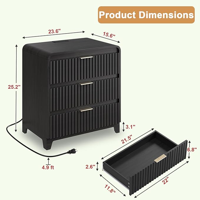 3 Pcs Bedroom Furniture Set, 8 Drawer Fluted Dresser and Nightstand Set of 2 with Charging Station, Modern Bed Side Table Chest of Drawers Storage Cabinet Set for Bedroom, Living Room, Black