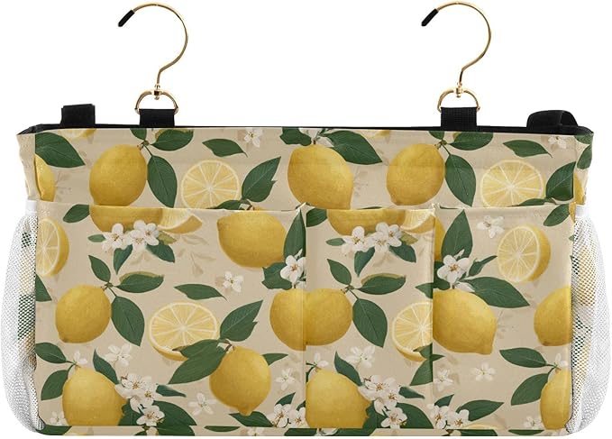 Bedside Caddy Hanging Bunk Bed Caddy Bed Organizer Hanging Pocket with 2 Hooks Bedside Storage Organizer Pocket Bag Holder Beige Lemons and Flowers