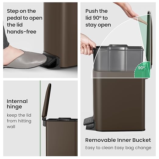 Cesun Small Bathroom Trash Can with Lid Soft Close, Step Pedal, 6 Liter / 1.6 Gallon Stainless Steel Garbage Can with Removable Inner Bucket, Anti-Fingerprint Finish (Brown)