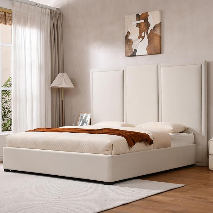 YUHUASHI King Size Bed Frame with 64-inch High Headboard, Simple and Airy Linen Upholstered Platform Bed with Storage Drawers, Wood Slat, No Noise (Beige, King(Hydraulic Lift))