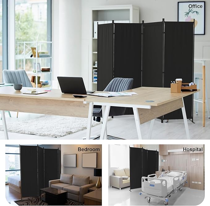 Room Divider, 4 Panel Folding Privacy Screen, 88” Portable Separating with 3 Metal Feet, Partition Room Dividers, Lightweight Freestanding Wall Divider Screen for Office Bedroom Hospital(Black)