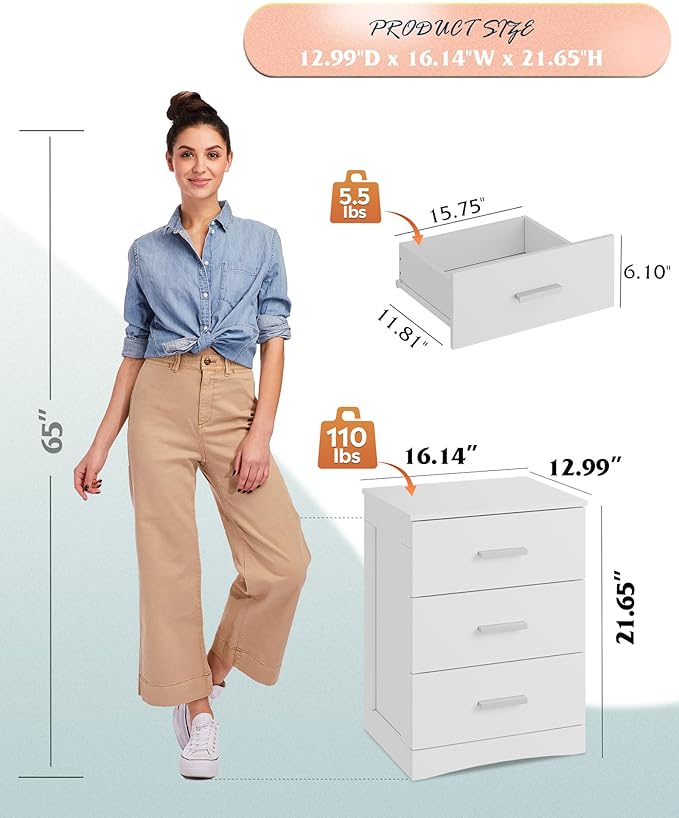 WLIVE White Night Stand with 3 Drawers, Small Nightstand with Storage, Wooden Bedside Table Modern End Table for Bedroom, Living Room, Office, 12.9" D x 16" W x 21.6" H