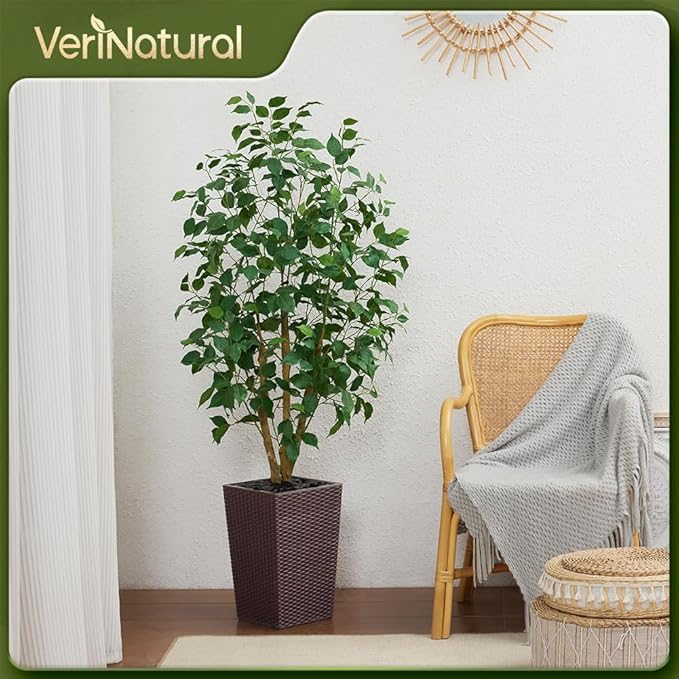 5ft Artificial Ficus Tree,Tall Faux Tree with Silk Leaves & Real Wood Trunk,UV Resistant Potted Fake Plant with Pebbles & Planter,Indoor Outdoor Floor Plant for Home,Living Room,VN129