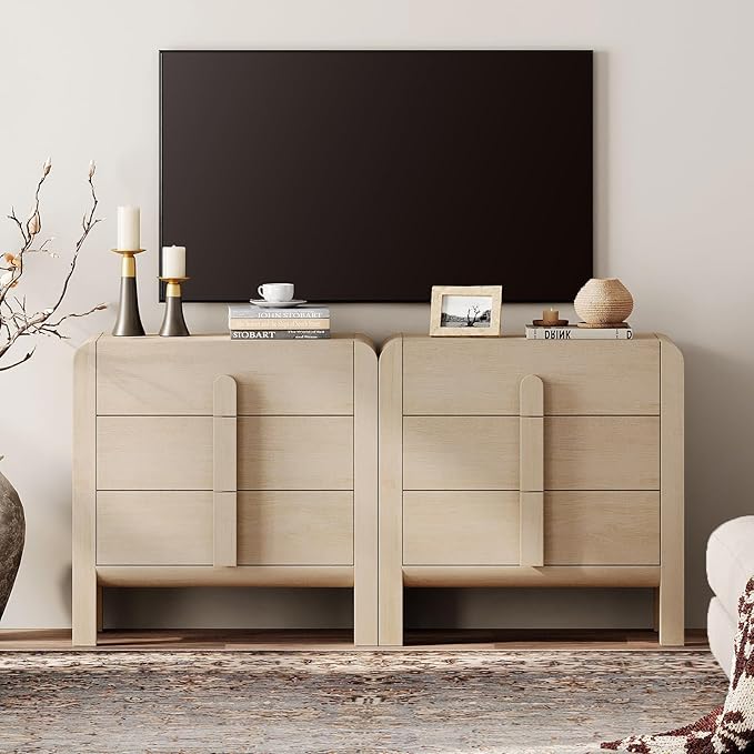 WAMPAT 6 Drawer Dresser for Bedroom, 2 in 1 63" Wide Mid Century Modern Wide Chest of Drawer, Wood Tall Nightstand with Curved Edge Handles, Closet Dresser TV Stand for Bedroom, Beige