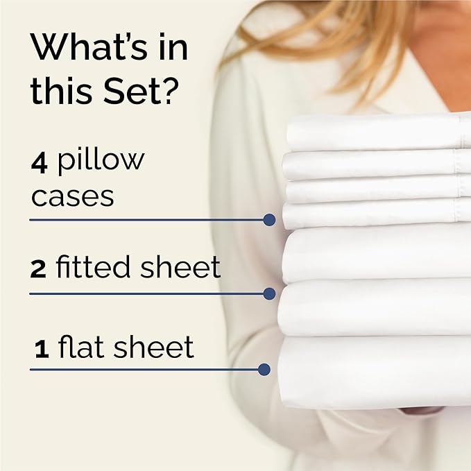 Split King 7 Piece Sheet Set - Cooling & Breathable - Hotel Luxury Bedding Includes Fitted Sheets for Women, Men, Kids & Teens - 1 Flat, 2 Fitted Sheets, 4 Pillowcases w/Deep Pockets - Antique White