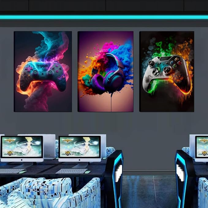 Gaming Room Decor Canvas Wall Art Set of 3 - Cool Video Gaming Theme Wall Decor, Gamer Paintings Picture Print for Teen Boys Room 12x16 inch Framed