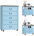 24" Wide Farmhouse Nightstand with Charging Station Set of 2, 45" Tall Rustic Chests of 5 Drawers w/ 4 Solid Wood Feet, Farmhouse Furniture Series for Living Room,Bedroom,LightBlue