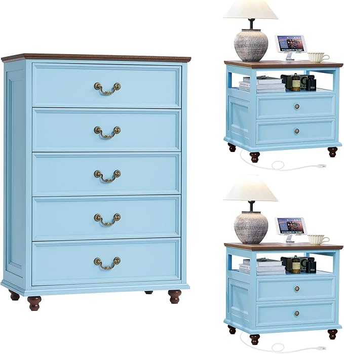 24" Wide Farmhouse Nightstand with Charging Station Set of 2, 45" Tall Rustic Chests of 5 Drawers w/ 4 Solid Wood Feet, Farmhouse Furniture Series for Living Room,Bedroom,LightBlue