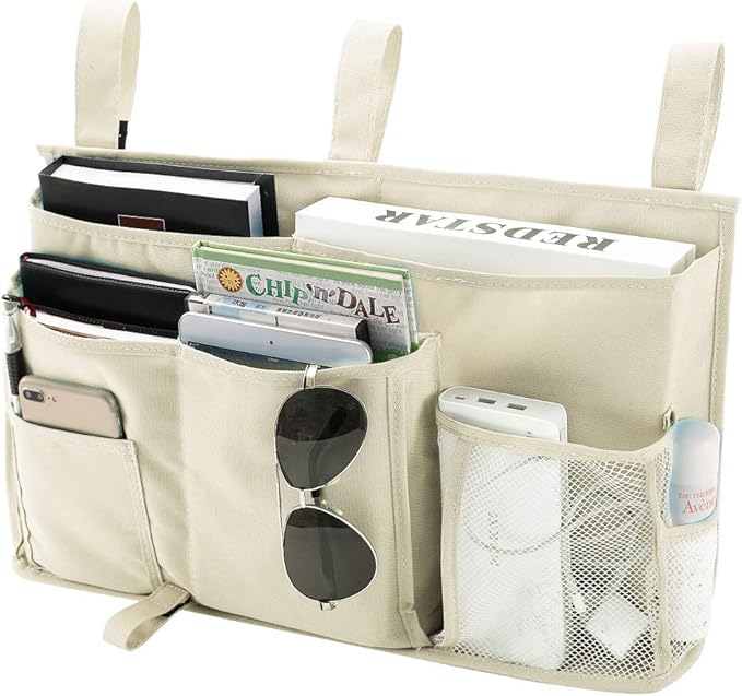 Bseash Bunk Bed Organizer, Bedside Caddy Hanging Bed Organizer Storage Bag 8 Pockets, for College Dorm Rooms Bed, Hospital Bed, Baby Bed Rails, 600D Oxford Cloth (Beige)