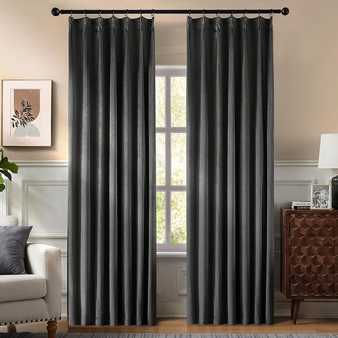 Pinch Pleated 100% Blackout Curtains for Bedroom, Grey Velvet Curtains for Living Room, Black Out Curtain 96 inch Long Room Darkening, Blackout Pinch Pleat Drapes with Hooks 2 Panels