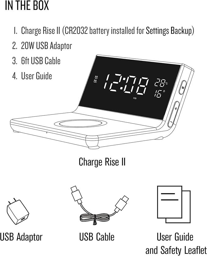 Soundfreaq Charge Rise II, SFQ-20: Digital Alarm Clock, with Dual Alarms, Fast USB Charger and Wireless Charger (Black)