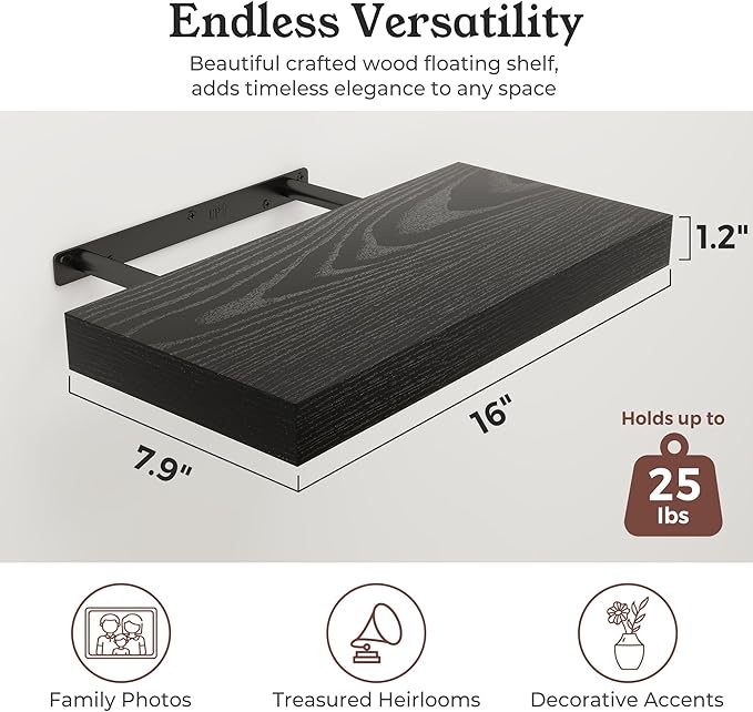 Floating Shelves for Wall, 7.9" Deep Wall Mounted Wood Shelves for Bathroom, Bedroom, Living Room, Kitchen, Hanging Shelf for Books/Storage/Room Decor (Black, 16")