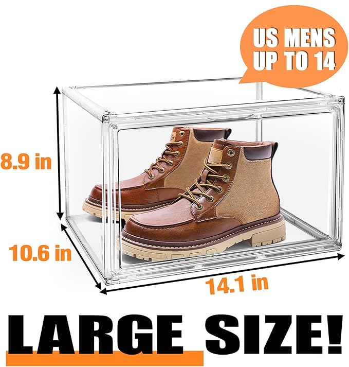 10 Pack Large Acrylic Shoe Box, Size 13 Sneaker Display Case Clear Stackable Display Case with Magnetic Door Toy Hat Collectible Sneakerheads Storage Organizer Bins for Entryway, Closet, Underbed