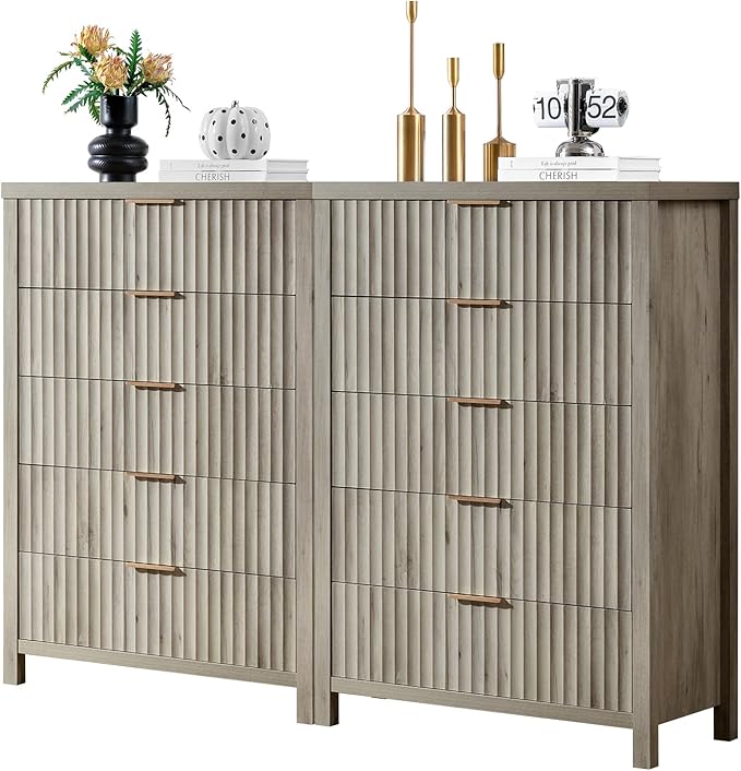 5 Drawers Dresser for Bedroom, 44 Inches Tall Modern Bedroom Dressers, Chest of Drawers for Bedroom, Fluted Dresser for Closet Organizer for Living Room, Hallway, Entryway (Grey Oak, 2 Pieces)
