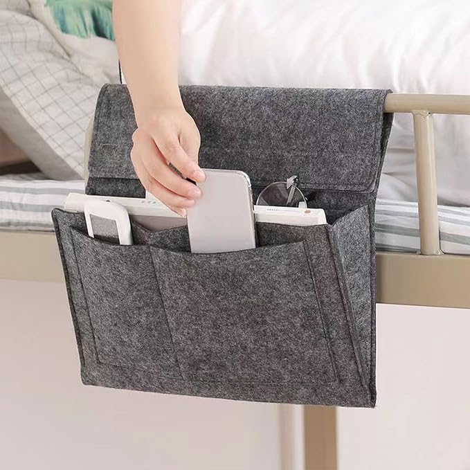 Bedside Caddy, 5 Pockets Felt Bedside Storage Organizer, Hanging Storage Organizer for Home Bedroom Living Room College Dorm Bed Water Bottles, Magazines, Phone, Glasses (Gray)