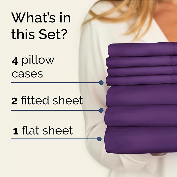 Split King 7 Piece Sheet Set - Cooling & Breathable - Hotel Luxury Bedding, Includes Fitted Sheets for Women, Men, Kids and Teens - 1 Flat, 2 Fitted Sheets, 4 Pillowcases with Deep Pockets - Purple