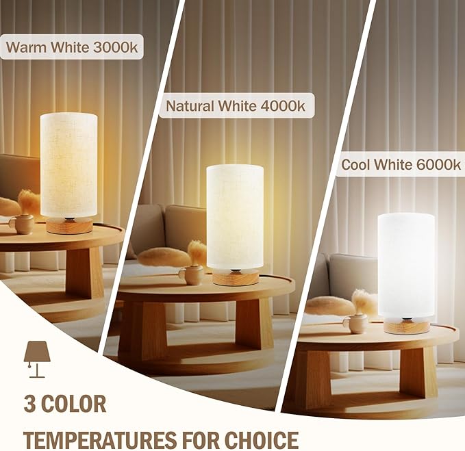 Minimalist Dimmable Nightstand Lamp with Round Fabric Linen Shade, 3 Color Temperatures, Desk & Bedside Lamp for Study, Living Room, Bedroom, Office, Dorm