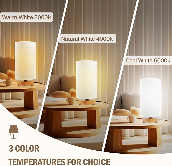 Minimalist Bedside Table Lamps for Bedrooms Set of 2, 3 Color Temperature Bedside Lamps with Round Fabric Linen Shade,Small Desk Lamp Night Nightstand Lamp Set for Living Room, Reading,Office