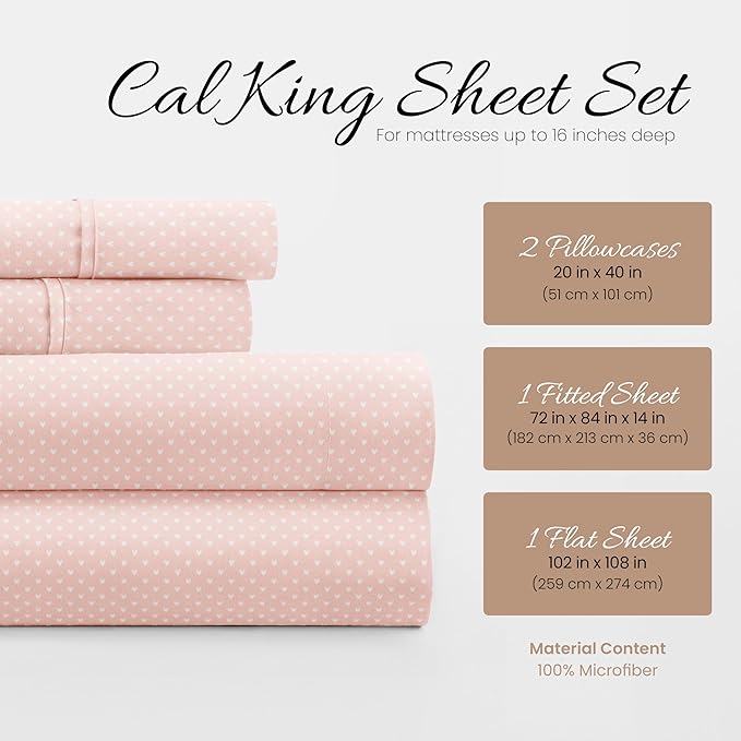 Linen Market 4 Piece California King Bedding Sheet Set (Pink Hearts) - Sleep Better Than Ever with These Ultra-Soft Cooling Bed Sheets for Your California King Size Bed - Deep Pocket Fits 16" Mattress