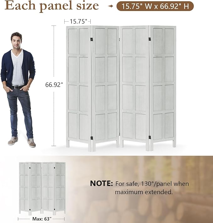 4 Panel Room Divider, 5.6Ft Wood Room Dividers and Folding Privacy Screens, Room Divider Wall Freestanding Room Partitions, Room Dividers Screen for Home Office Bedroom, White