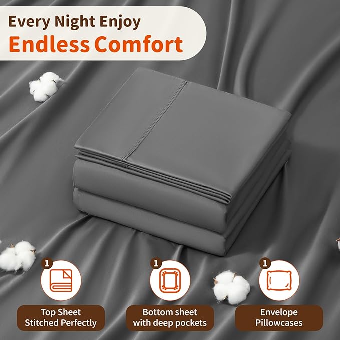 LBRO2M 1000 Thread Count 100% Egyptian Cotton Sheets Set Twin XL, 3 Piece Sets Bed Sheet Deep Pocket Sheet Set 16" Soft Comfortable All Season (Twin XL, Dark Gray)